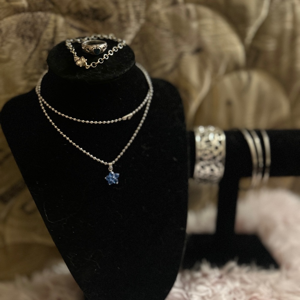 925 Sterling Silver Blue Heart Ring + Flower Necklace + Bangles